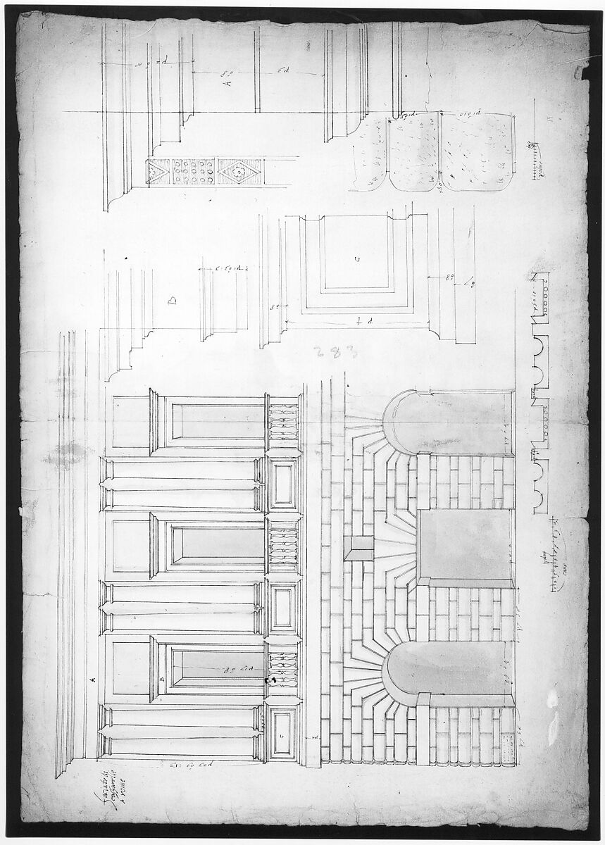 Palazzo Caffarrelli-Vidoni, elevation; details (recto) blank (verso), Drawn by Anonymous, French, 16th century, Dark brown ink, black chalk, and incised lines