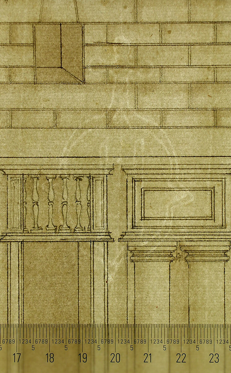 Palazzo Caffarrelli-Vidoni, elevation; details (recto) blank (verso), Drawn by Anonymous, French, 16th century, Dark brown ink, black chalk, and incised lines