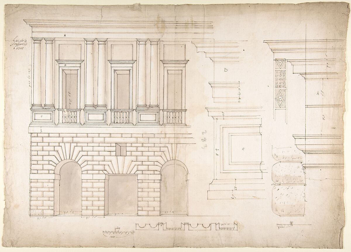 Palazzo Caffarrelli-Vidoni, elevation; details (recto) blank (verso), Drawn by Anonymous, French, 16th century, Dark brown ink, black chalk, and incised lines 