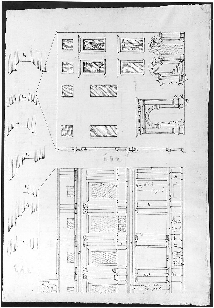 Villa Farnesina, Stables, half front elevation and end elevation (recto) Palazzo Salviati-Adimari, plan (verso), Drawn by Anonymous, French, 16th century, Dark brown ink, black chalk, ink wash, and incised lines
