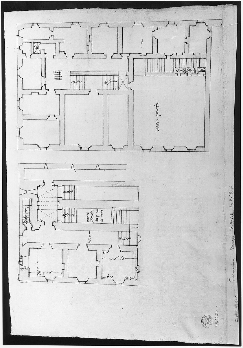 Villa Farnesina, Stables, half front elevation and end elevation (recto) Palazzo Salviati-Adimari, plan (verso), Drawn by Anonymous, French, 16th century, Dark brown ink, black chalk, ink wash, and incised lines