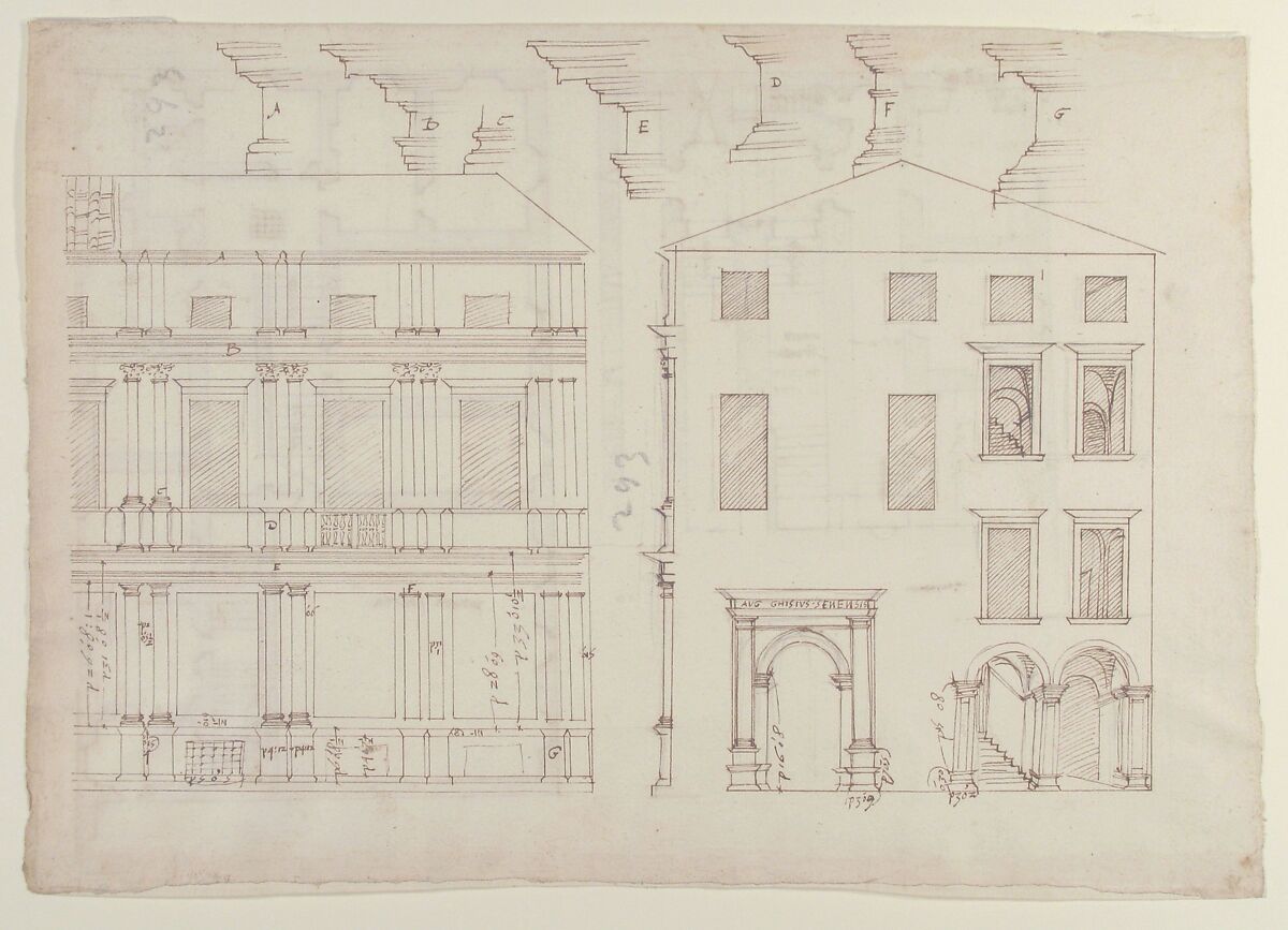 Villa Farnesina, Stables, half front elevation and end elevation (recto) Palazzo Salviati-Adimari, plan (verso), Drawn by Anonymous, French, 16th century, Dark brown ink, black chalk, ink wash, and incised lines