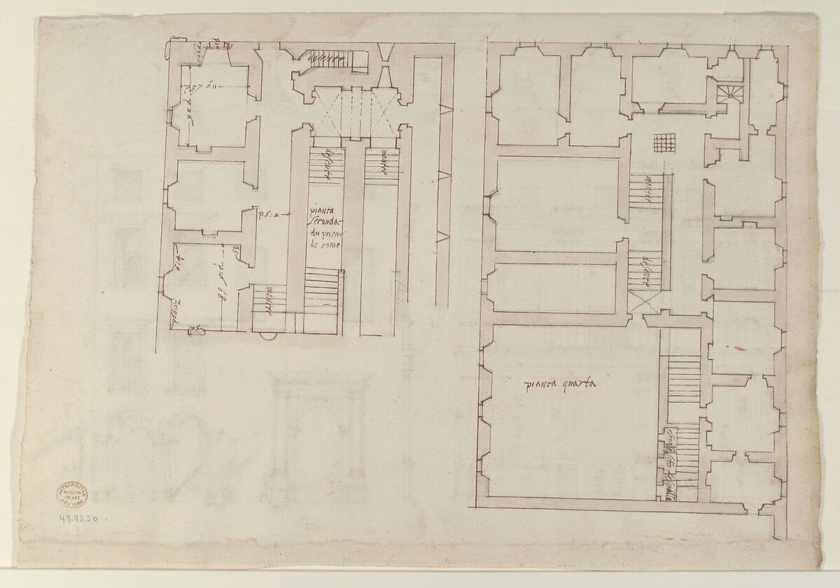 Villa Farnesina, Stables, half front elevation and end elevation (recto) Palazzo Salviati-Adimari, plan (verso), Drawn by Anonymous, French, 16th century, Dark brown ink, black chalk, ink wash, and incised lines