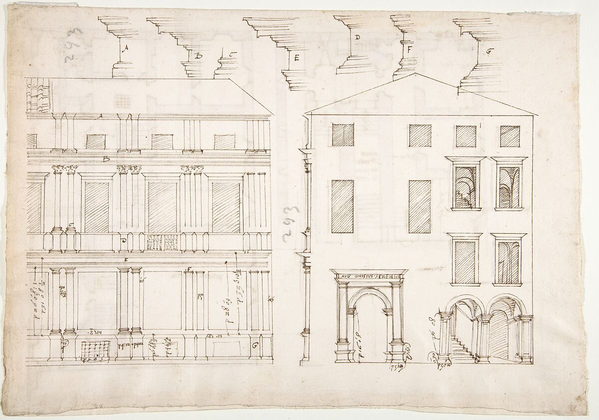 Villa Farnesina, Stables, half front elevation and end elevation (recto) Palazzo Salviati-Adimari, plan (verso), Drawn by Anonymous, French, 16th century, Dark brown ink, black chalk, ink wash, and incised lines 