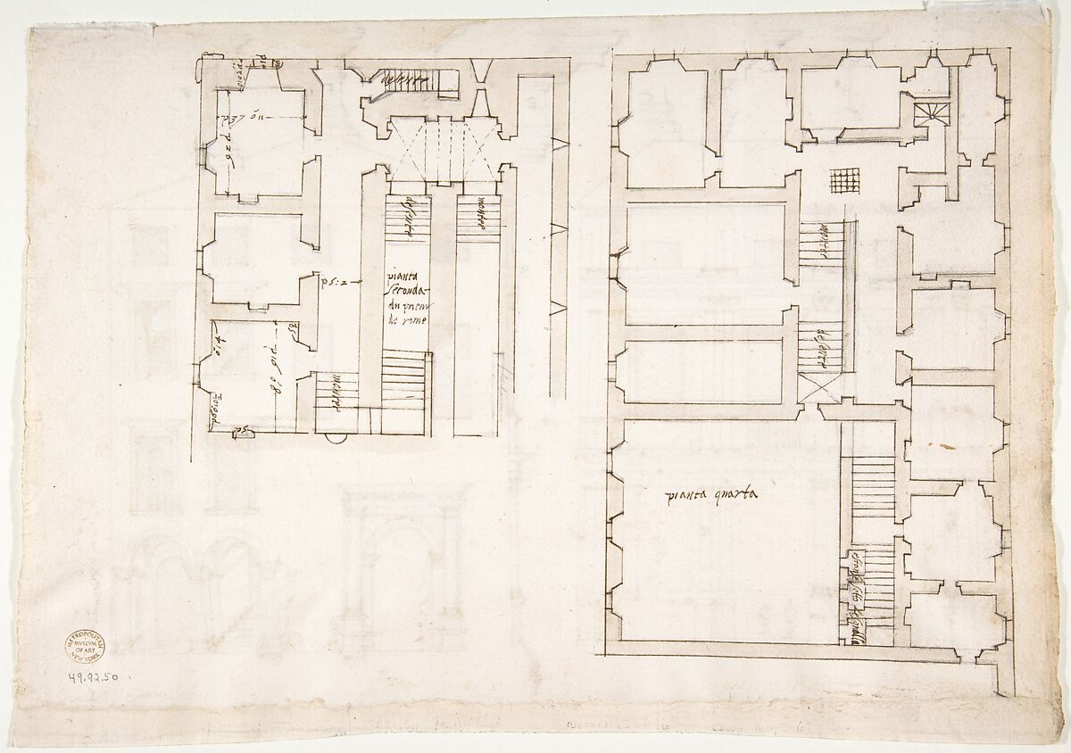 Villa Farnesina, Stables, half front elevation and end elevation (recto) Palazzo Salviati-Adimari, plan (verso), Drawn by Anonymous, French, 16th century, Dark brown ink, black chalk, ink wash, and incised lines
