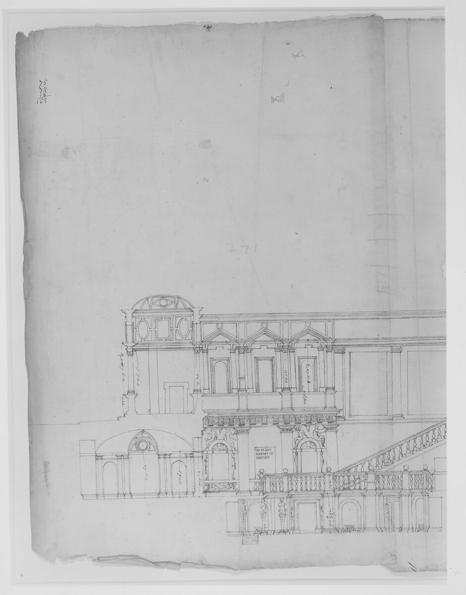 Villa Giulia, section, Drawn by Anonymous, French, 16th century, Pen and dark brown ink, over traces of black chalk, ruling and compass work, on three glued sheets of paper 