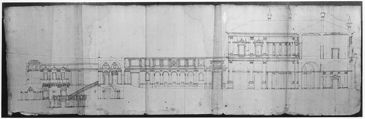 Villa Giulia, section, Drawn by Anonymous, French, 16th century, Pen and dark brown ink, over traces of black chalk, ruling and compass work, on three glued sheets of paper
