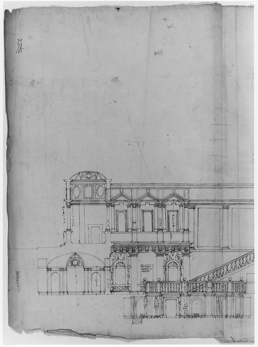 Villa Giulia, section, Drawn by Anonymous, French, 16th century, Pen and dark brown ink, over traces of black chalk, ruling and compass work, on three glued sheets of paper