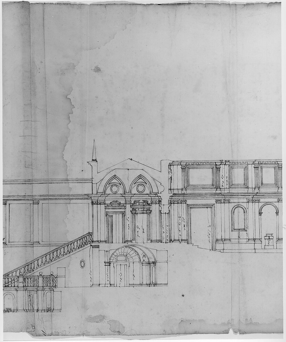 Villa Giulia, section, Drawn by Anonymous, French, 16th century, Pen and dark brown ink, over traces of black chalk, ruling and compass work, on three glued sheets of paper