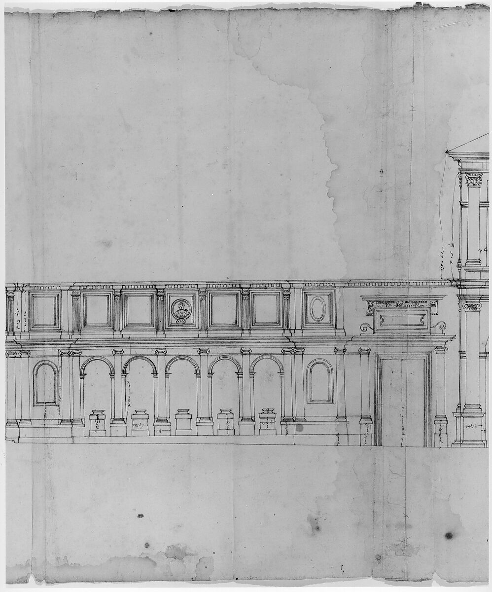 Villa Giulia, section, Drawn by Anonymous, French, 16th century, Pen and dark brown ink, over traces of black chalk, ruling and compass work, on three glued sheets of paper