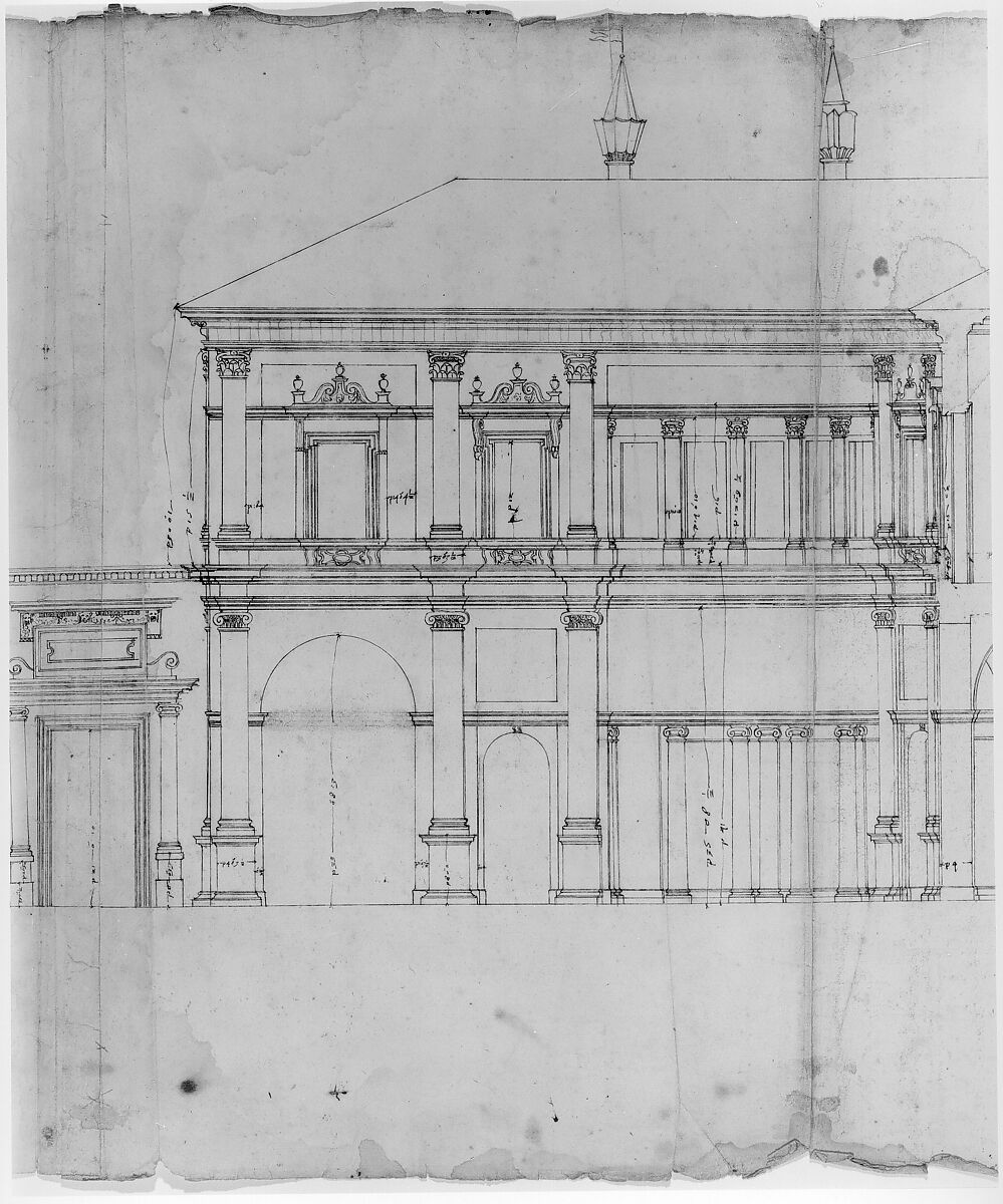 Villa Giulia, section, Drawn by Anonymous, French, 16th century, Pen and dark brown ink, over traces of black chalk, ruling and compass work, on three glued sheets of paper