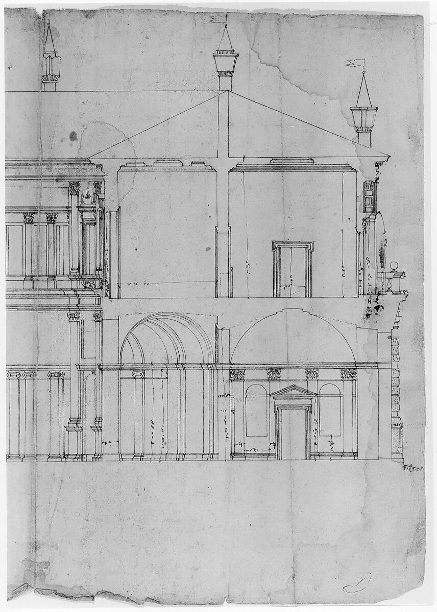 Villa Giulia, section, Drawn by Anonymous, French, 16th century, Pen and dark brown ink, over traces of black chalk, ruling and compass work, on three glued sheets of paper