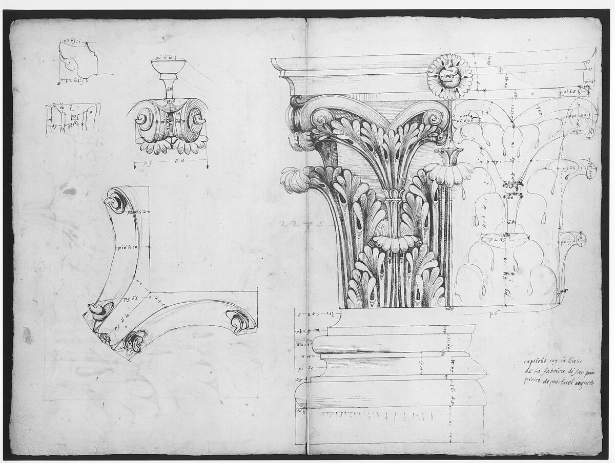 St. Peter's, Corinthian capital, elevation; base, elevation; volute, end elevation, profile, and view from below (recto) St. Peter's, Corinthian capital, acanthus leaf details and profiles of two cornice mouldings (verso), Drawn by Anonymous, French, 16th century, Dark brown ink, black chalk, and incised lines