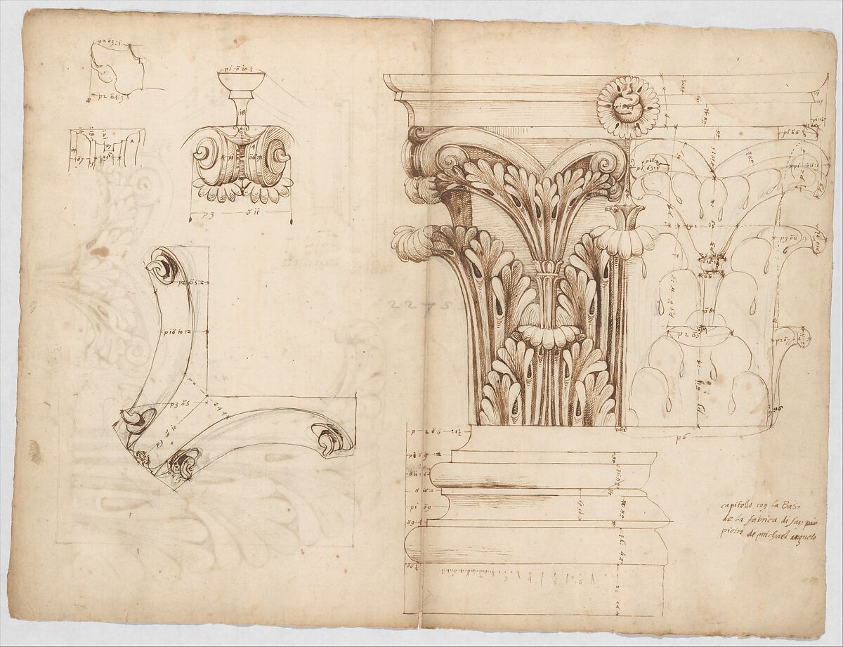 St. Peter's, Corinthian capital, elevation; base, elevation; volute, end elevation, profile, and view from below (recto) St. Peter's, Corinthian capital, acanthus leaf details and profiles of two cornice mouldings (verso), Drawn by Anonymous, French, 16th century, Dark brown ink, black chalk, and incised lines
