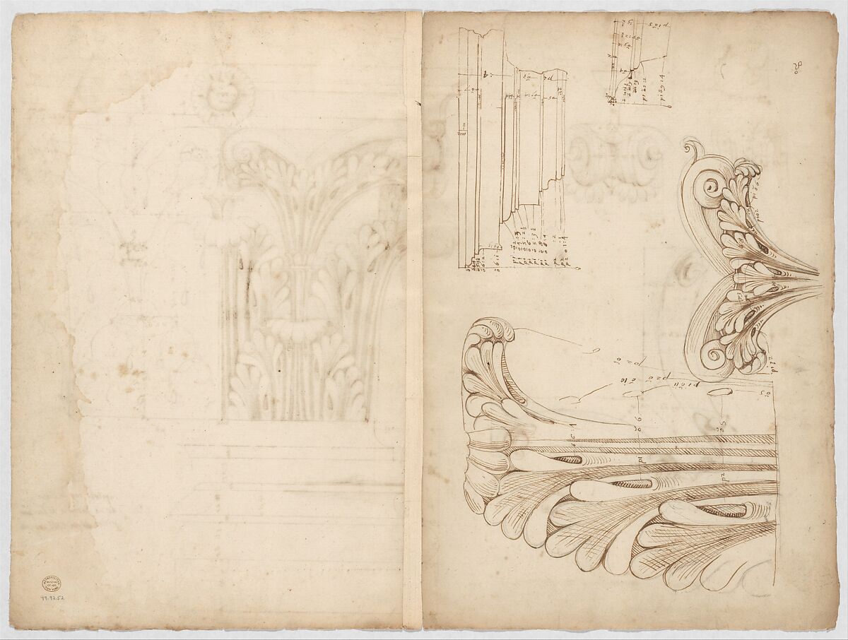 St. Peter's, Corinthian capital, elevation; base, elevation; volute, end elevation, profile, and view from below (recto) St. Peter's, Corinthian capital, acanthus leaf details and profiles of two cornice mouldings (verso), Drawn by Anonymous, French, 16th century, Dark brown ink, black chalk, and incised lines