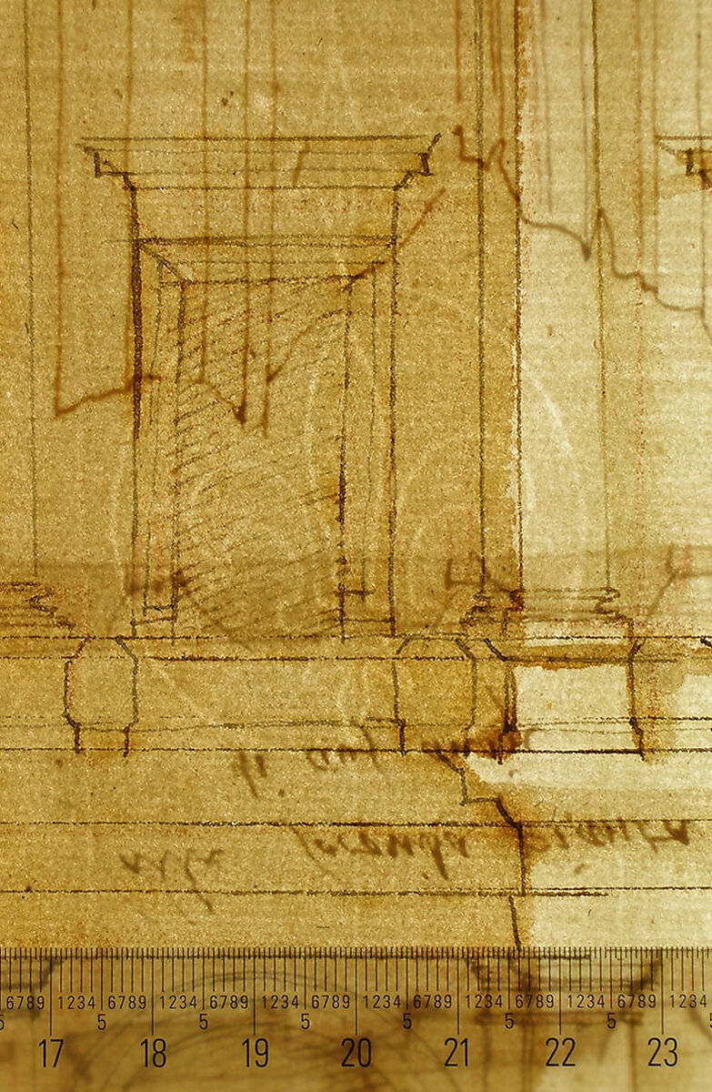 Villa of Agostino Chigi (La Farnesina), Rome, north façade, with ornamental detailing (recto); Villa of Agostino Chigi (La Farnesina), Rome, plan and moulding profiles (verso), Drawn by Anonymous, French, 16th century, Pen and dark brown ink, black chalk, and incised lines