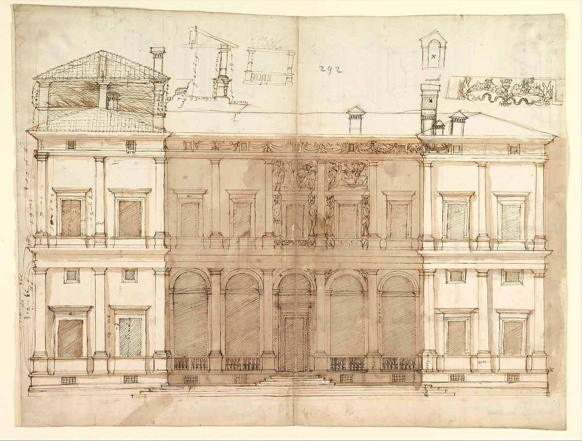 Villa of Agostino Chigi (La Farnesina), Rome, north façade, with ornamental detailing (recto); Villa of Agostino Chigi (La Farnesina), Rome, plan and moulding profiles (verso), Drawn by Anonymous, French, 16th century, Pen and dark brown ink, black chalk, and incised lines 