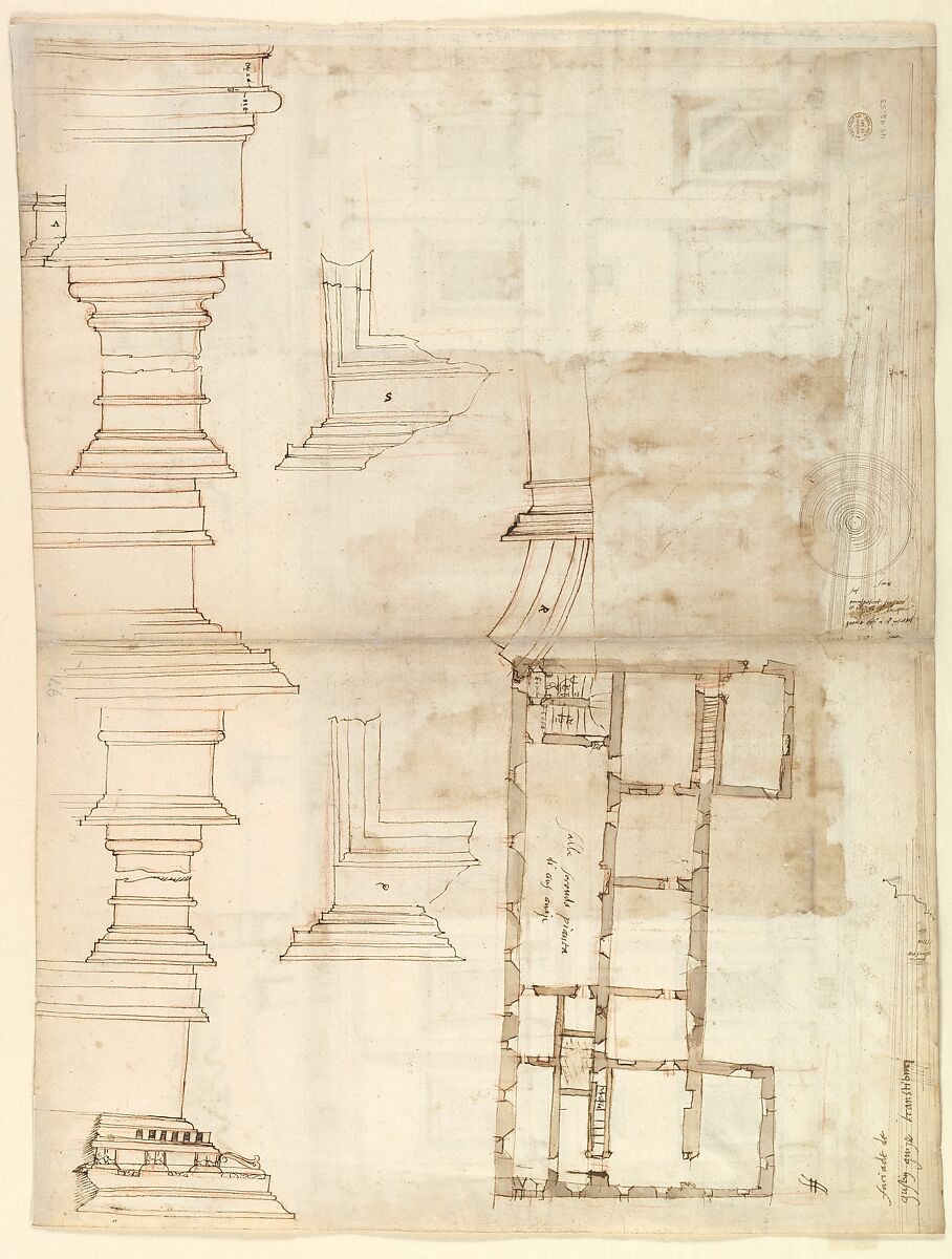 Villa of Agostino Chigi (La Farnesina), Rome, north façade, with ornamental detailing (recto); Villa of Agostino Chigi (La Farnesina), Rome, plan and moulding profiles (verso), Drawn by Anonymous, French, 16th century, Pen and dark brown ink, black chalk, and incised lines