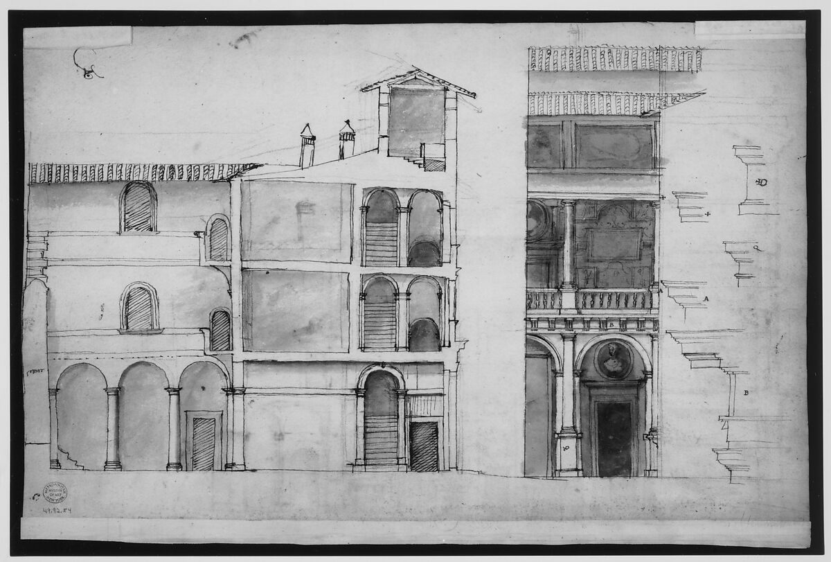 Palazzo Pirro in Rome, section (recto) Palazzo Pirro in Rome, sections; profiles (verso), Drawn by Anonymous, French, 16th century, Dark brown ink, black chalk, and incised lines