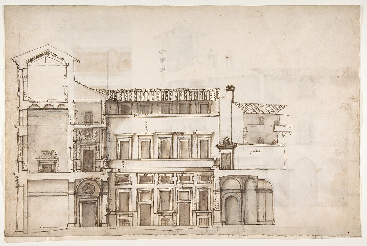 Palazzo Pirro in Rome, section (recto) Palazzo Pirro in Rome, sections; profiles (verso), Drawn by Anonymous, French, 16th century, Dark brown ink, black chalk, and incised lines 