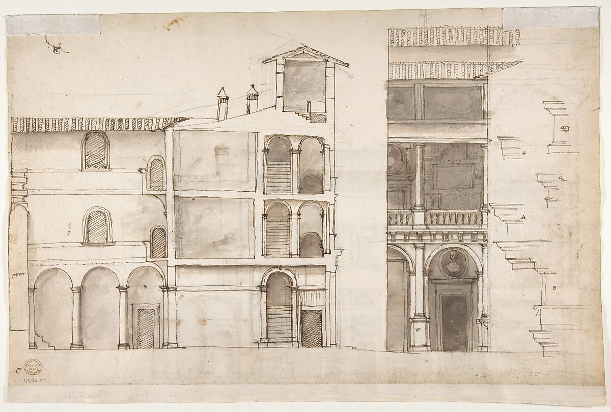 Palazzo Pirro in Rome, section (recto) Palazzo Pirro in Rome, sections; profiles (verso), Drawn by Anonymous, French, 16th century, Dark brown ink, black chalk, and incised lines