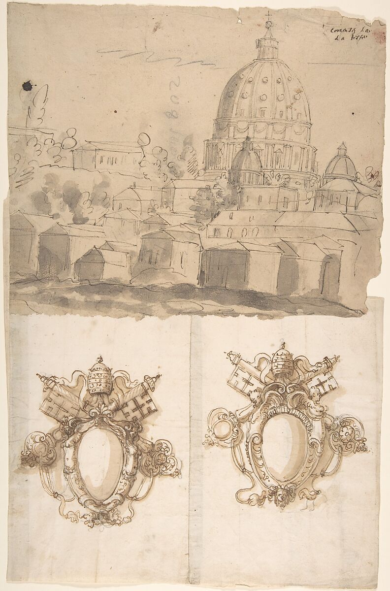 St. Peter's, view from the southeast; Unidentified, blank, papal escutcheons (recto) blank (verso), Drawn by Anonymous, French, 16th century, Dark brown ink, black chalk, and incised lines 