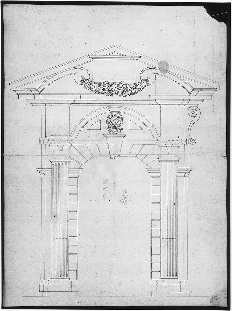 Porta Pia, elevation (recto) Porta Pia, window, elevation; section (verso), Drawn by Anonymous, French, 16th century, Dark brown ink, black chalk, and incised lines