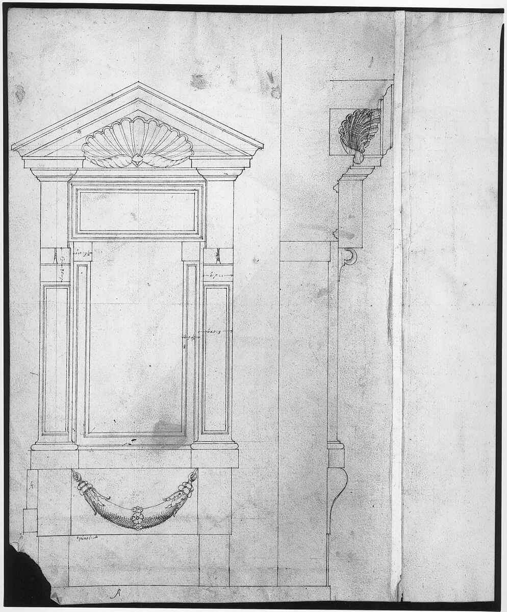 Porta Pia, elevation (recto) Porta Pia, window, elevation; section (verso), Drawn by Anonymous, French, 16th century, Dark brown ink, black chalk, and incised lines