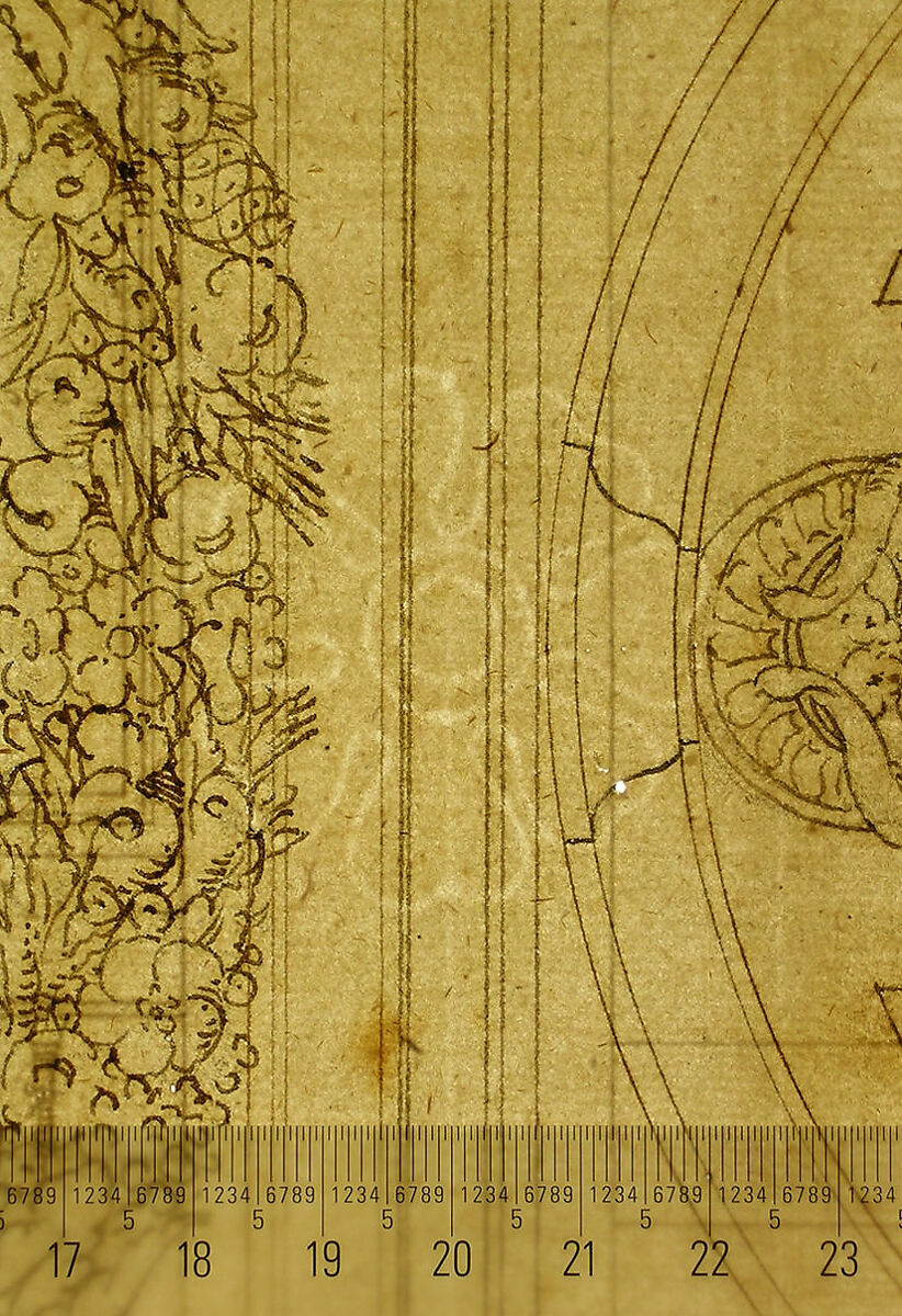 Porta Pia, elevation (recto) Porta Pia, window, elevation; section (verso), Drawn by Anonymous, French, 16th century, Dark brown ink, black chalk, and incised lines