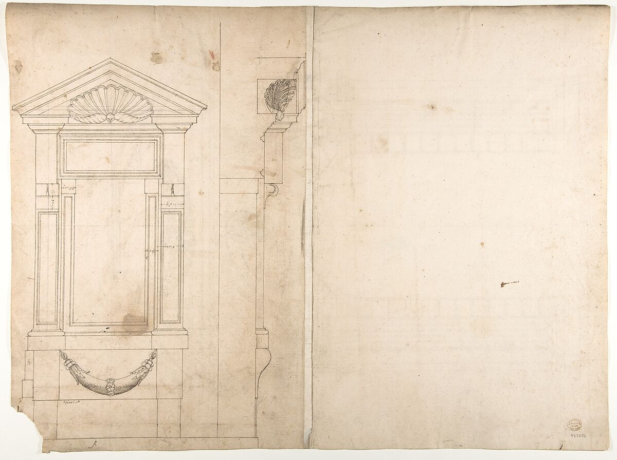 Porta Pia, elevation (recto) Porta Pia, window, elevation; section (verso), Drawn by Anonymous, French, 16th century, Dark brown ink, black chalk, and incised lines