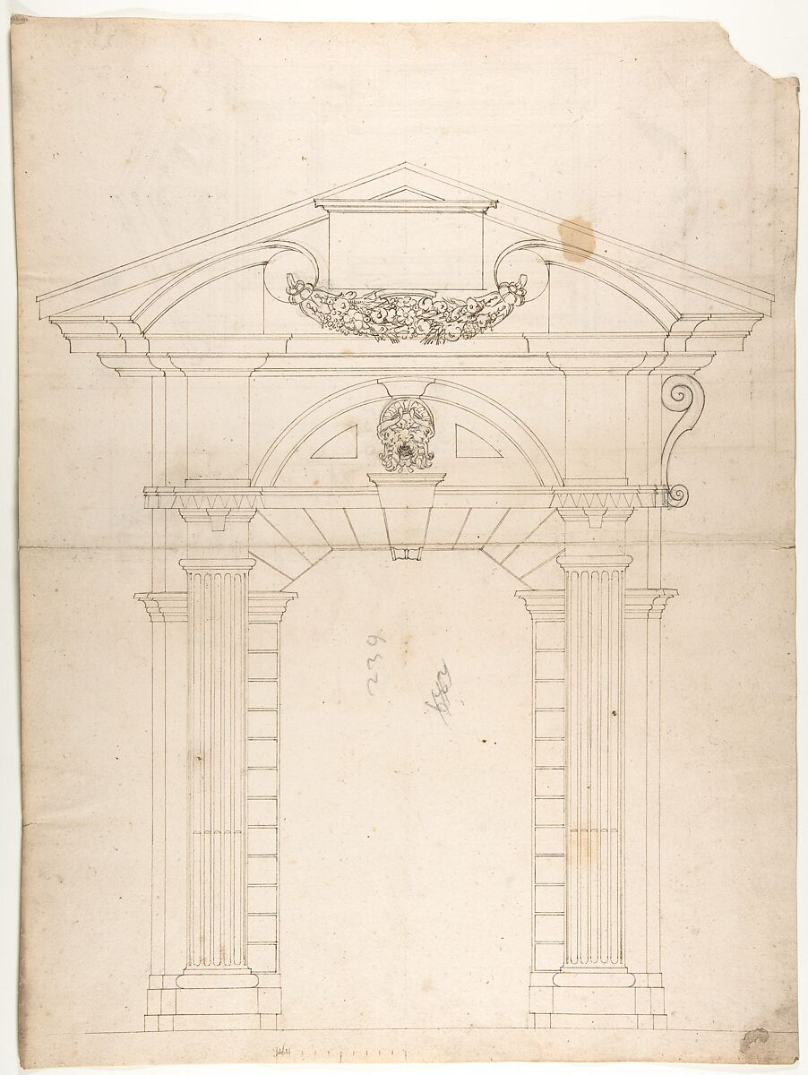 Porta Pia, elevation (recto) Porta Pia, window, elevation; section (verso), Drawn by Anonymous, French, 16th century, Dark brown ink, black chalk, and incised lines 