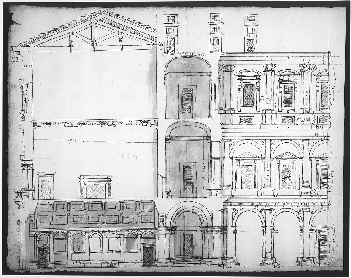 Palazzo Farnese, section (recto) blank (verso), Drawn by Anonymous, French, 16th century, Dark brown ink, black chalk, and incised lines