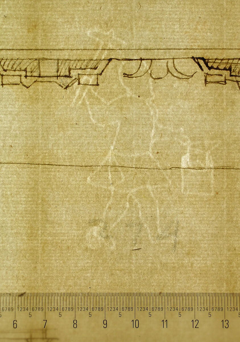 Palazzo Farnese, section (recto) blank (verso), Drawn by Anonymous, French, 16th century, Dark brown ink, black chalk, and incised lines