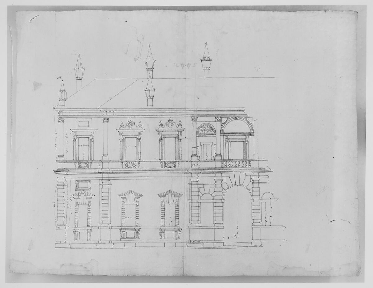 Villa Giulia, Casino, elevation, Drawn by Anonymous, French, 16th century, Dark brown ink, black chalk, and incised lines