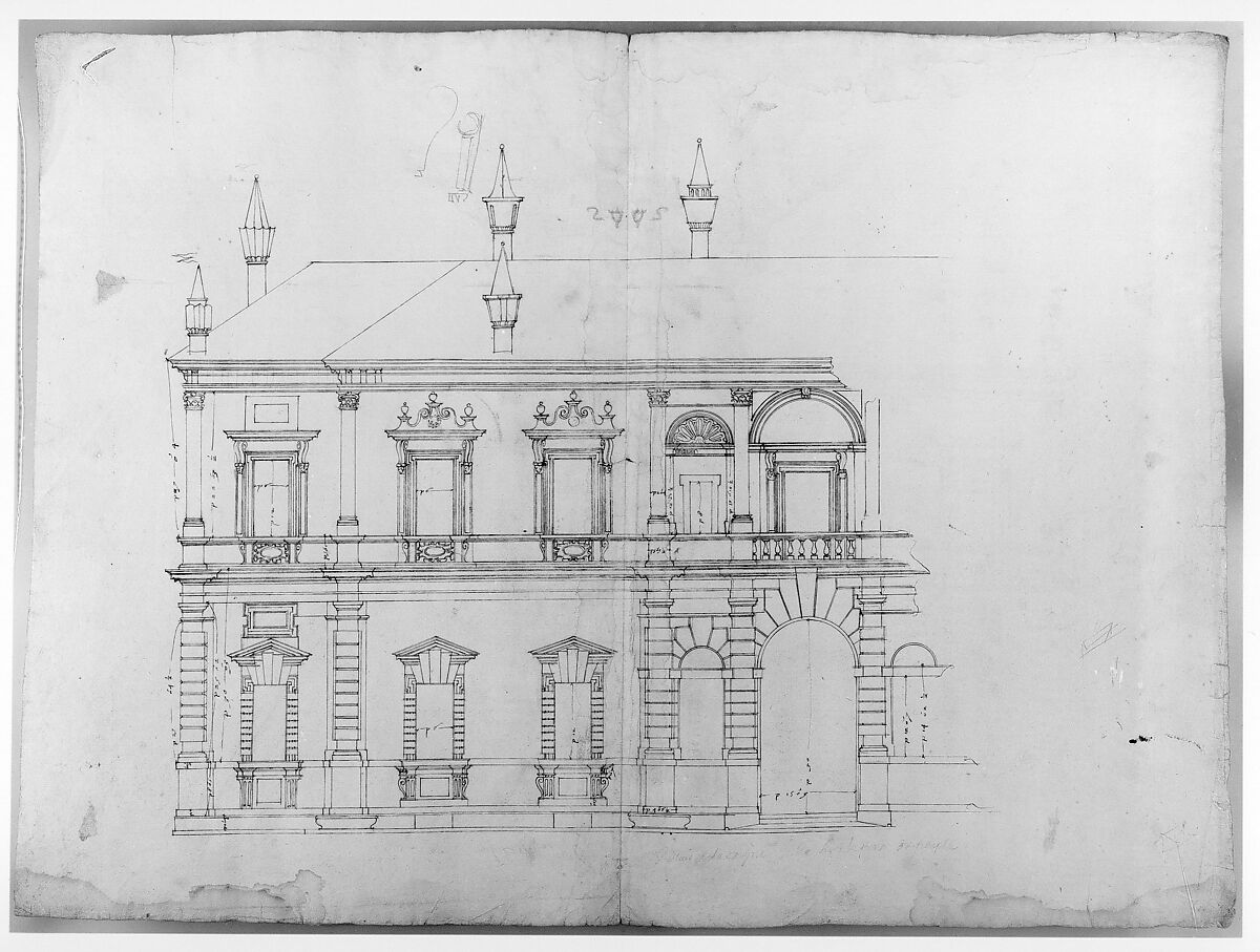 Villa Giulia, Casino, elevation, Drawn by Anonymous, French, 16th century, Dark brown ink, black chalk, and incised lines