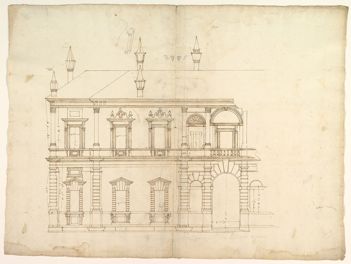 Villa Giulia, Casino, elevation, Drawn by Anonymous, French, 16th century, Dark brown ink, black chalk, and incised lines 