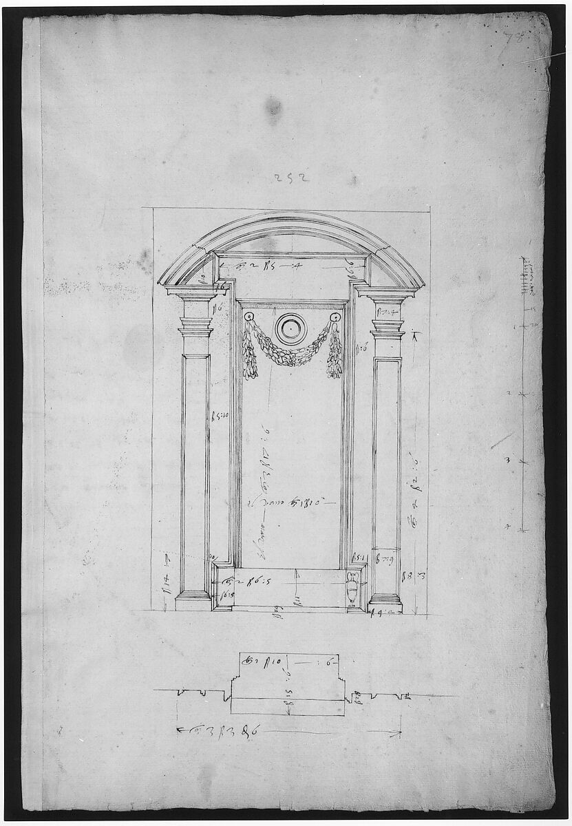 San Lorenzo, New Sacristy, niche frame, tabernacle, plan and elevation (recto) San Lorenzo, New Sacristy, entablature, cornice, and base of niche, profiles (verso), Drawn by Anonymous, French, 16th century, Dark brown ink, black chalk, and incised lines