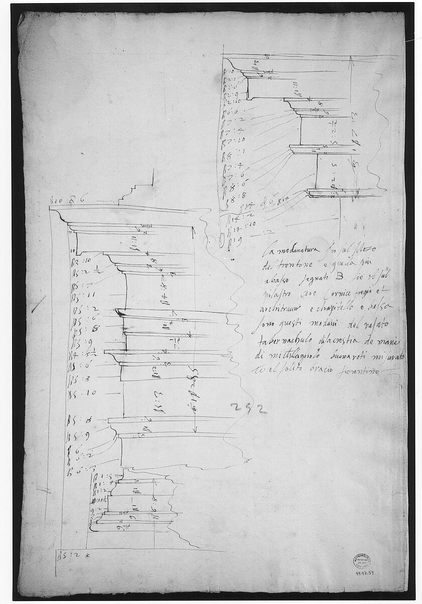 San Lorenzo, New Sacristy, niche frame, tabernacle, plan and elevation (recto) San Lorenzo, New Sacristy, entablature, cornice, and base of niche, profiles (verso), Drawn by Anonymous, French, 16th century, Dark brown ink, black chalk, and incised lines