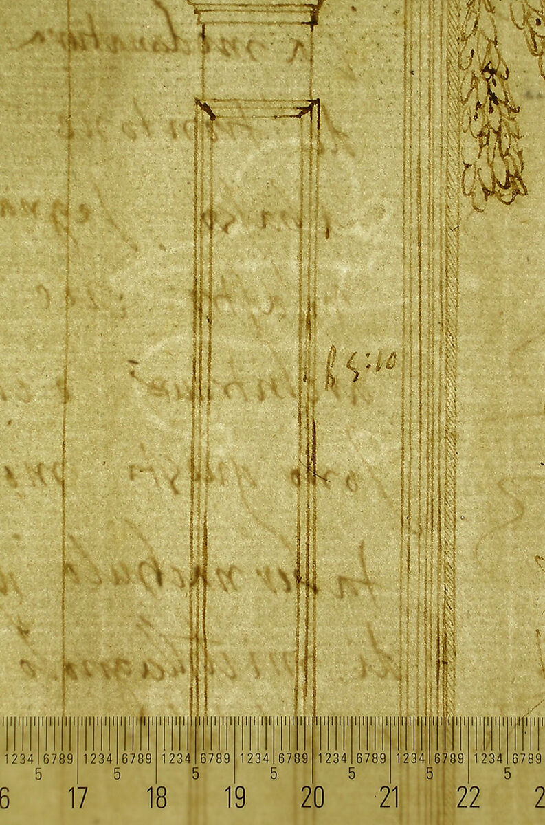 San Lorenzo, New Sacristy, niche frame, tabernacle, plan and elevation (recto) San Lorenzo, New Sacristy, entablature, cornice, and base of niche, profiles (verso), Drawn by Anonymous, French, 16th century, Dark brown ink, black chalk, and incised lines