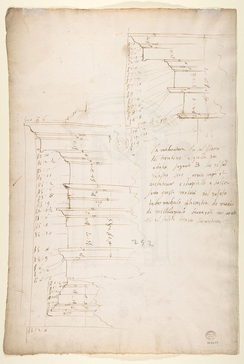 San Lorenzo, New Sacristy, niche frame, tabernacle, plan and elevation (recto) San Lorenzo, New Sacristy, entablature, cornice, and base of niche, profiles (verso), Drawn by Anonymous, French, 16th century, Dark brown ink, black chalk, and incised lines