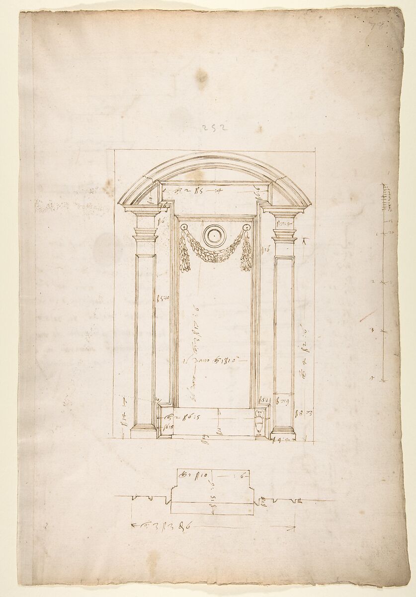San Lorenzo, New Sacristy, niche frame, tabernacle, plan and elevation (recto) San Lorenzo, New Sacristy, entablature, cornice, and base of niche, profiles (verso), Drawn by Anonymous, French, 16th century, Dark brown ink, black chalk, and incised lines 