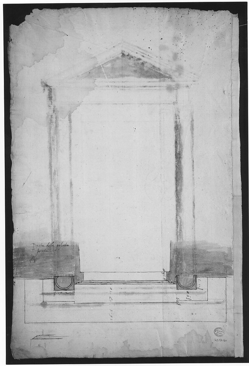 Sant'Apollonia, portal, elevation (recto) Sant'Apollonia, portal, plan (verso), Drawn by Anonymous, French, 16th century, Dark brown ink, black chalk, and incised lines