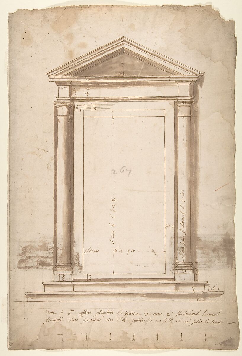 Sant'Apollonia, portal, elevation (recto) Sant'Apollonia, portal, plan (verso), Drawn by Anonymous, French, 16th century, Dark brown ink, black chalk, and incised lines 