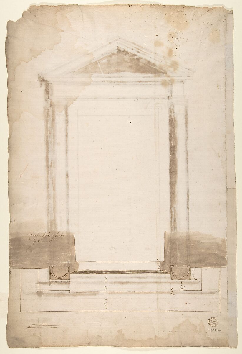 Sant'Apollonia, portal, elevation (recto) Sant'Apollonia, portal, plan (verso), Drawn by Anonymous, French, 16th century, Dark brown ink, black chalk, and incised lines