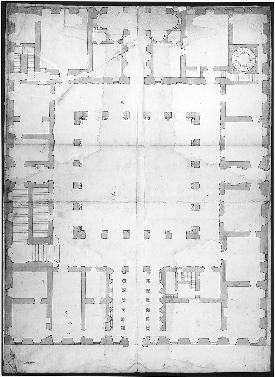 Palazzo Farnese, plan, ground floor (recto) blank (verso), Drawn by Anonymous, French, 16th century, Dark brown ink, black chalk, and incised lines