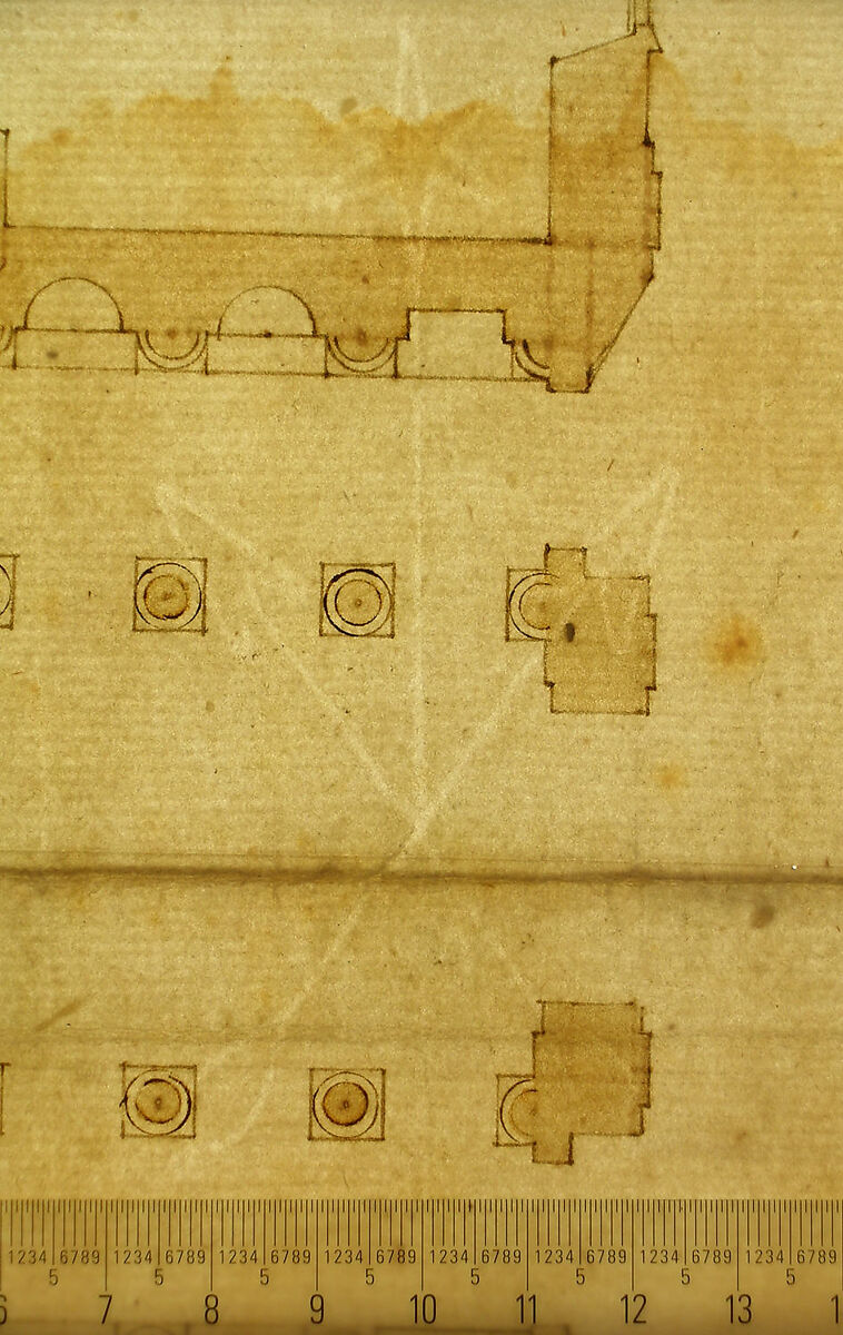 Palazzo Farnese, plan, ground floor (recto) blank (verso), Drawn by Anonymous, French, 16th century, Dark brown ink, black chalk, and incised lines