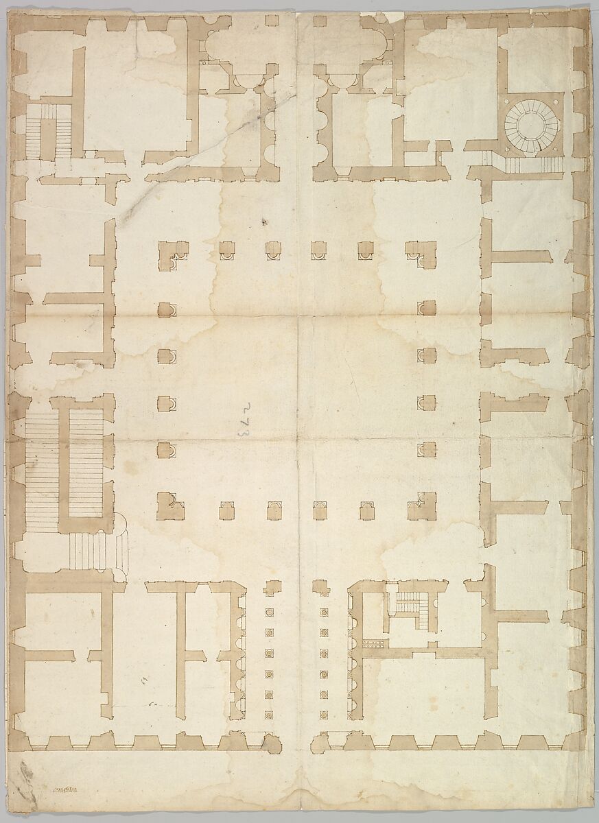 Palazzo Farnese, plan, ground floor (recto) blank (verso), Drawn by Anonymous, French, 16th century, Dark brown ink, black chalk, and incised lines 