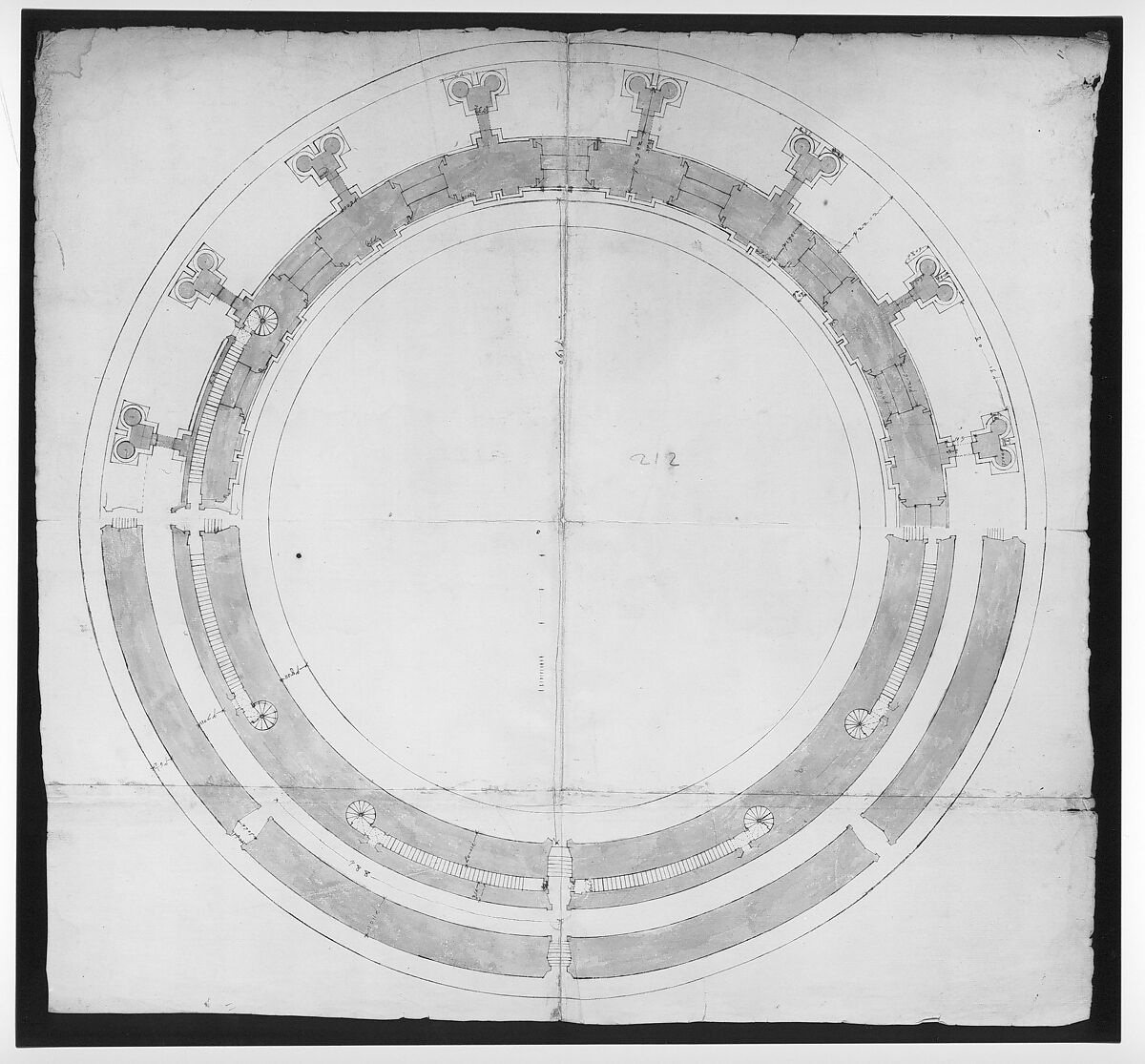 St. Peter's, drum, plans at two levels (recto) blank (verso), Drawn by Anonymous, French, 16th century, Dark brown ink, black chalk, and incised lines