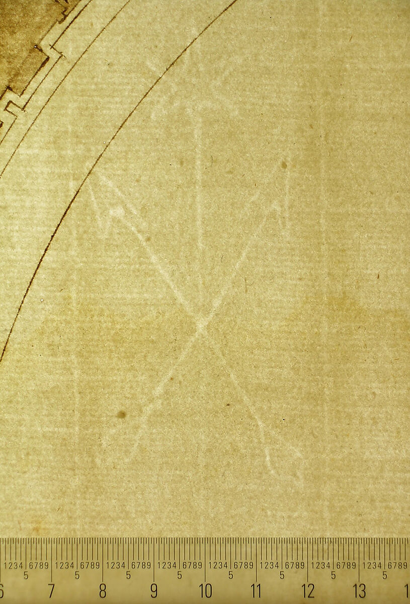 St. Peter's, drum, plans at two levels (recto) blank (verso), Drawn by Anonymous, French, 16th century, Dark brown ink, black chalk, and incised lines