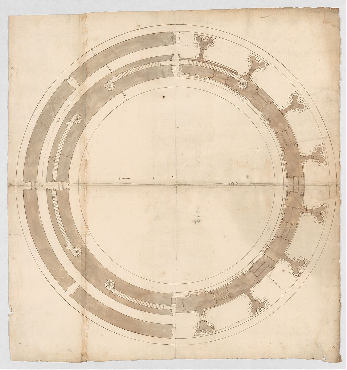 St. Peter's, drum, plans at two levels (recto) blank (verso), Drawn by Anonymous, French, 16th century, Dark brown ink, black chalk, and incised lines 